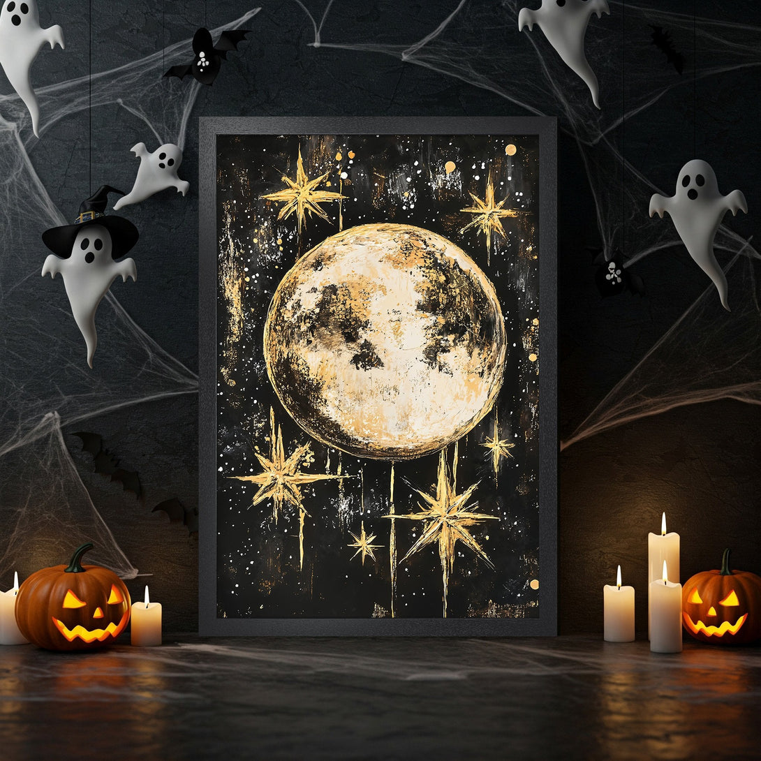 Framed Poster featuring a celestial moon and stars design in a gold and black color palette, perfect for Halloween decor.