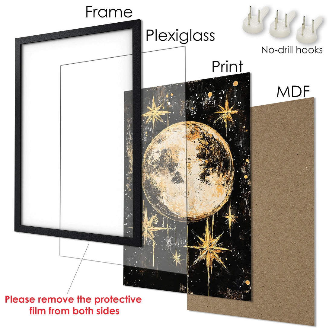 Framed Poster featuring a celestial design with a moon and stars, in a black and gold color palette. Perfect wall art!