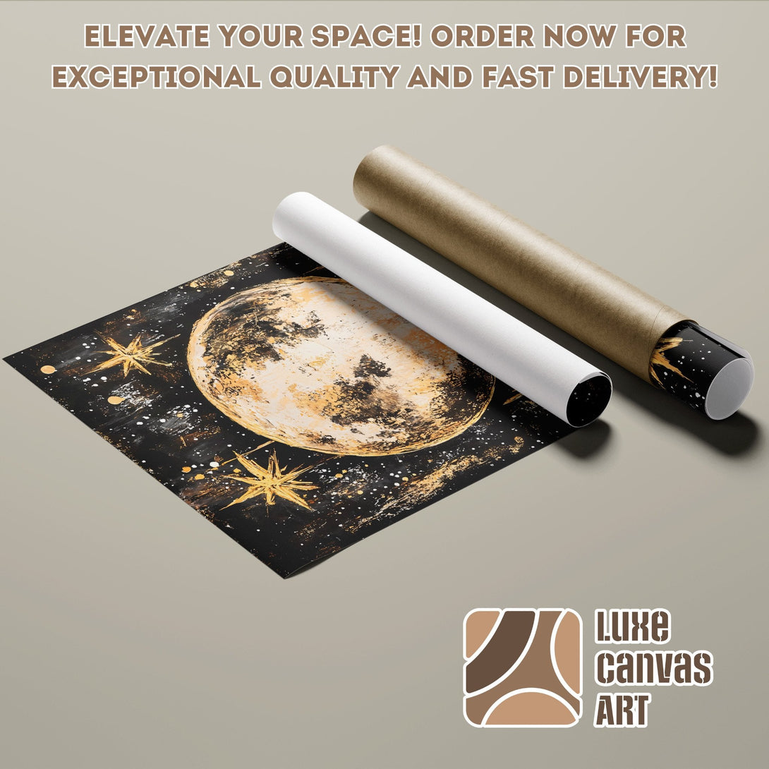 Poster Roll featuring a celestial design with moon and stars, in black, gold, and beige.