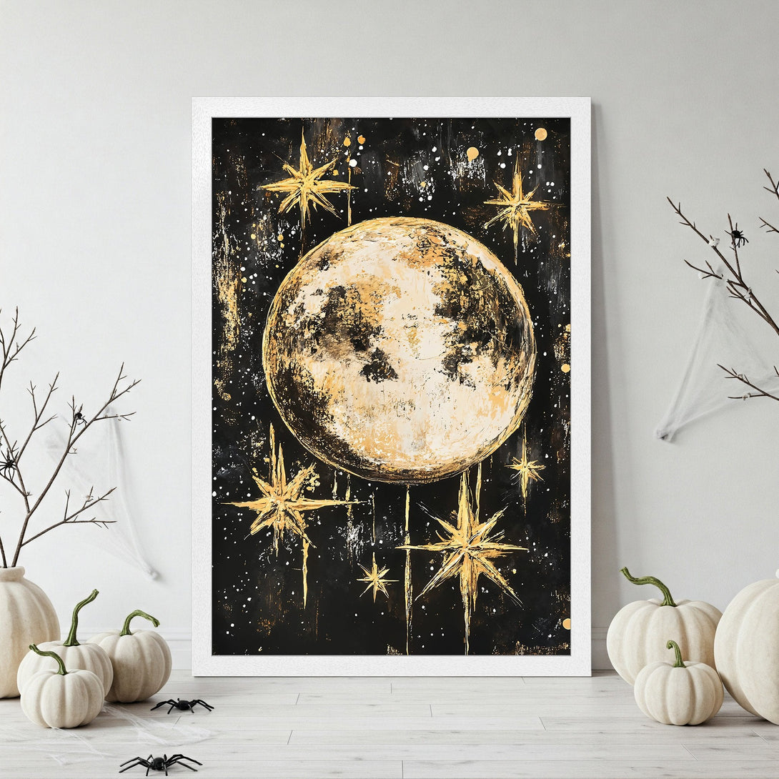 Framed Poster of a moon and stars in a black and gold color palette, perfect for Halloween decor. Abstract art style.
