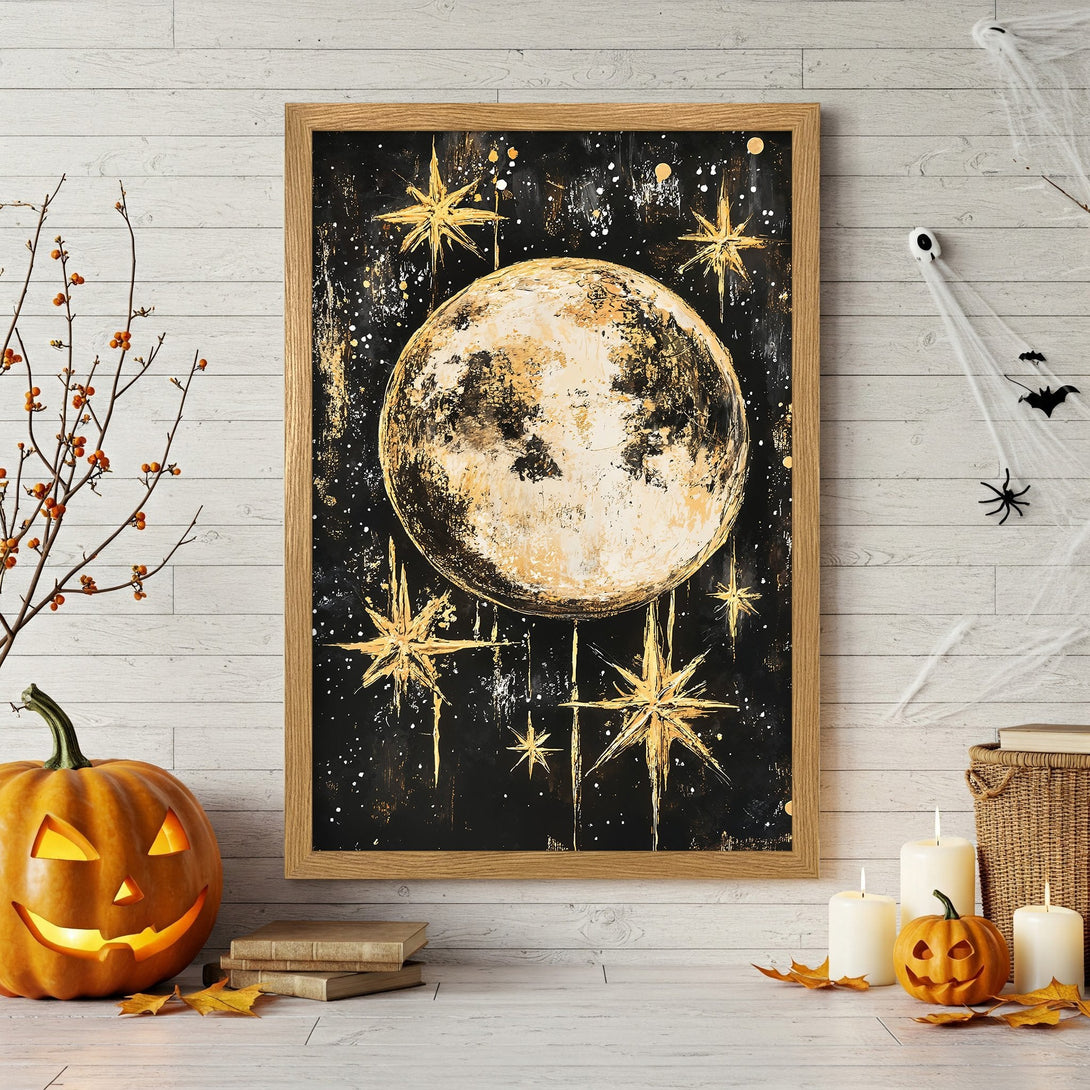 Framed Poster featuring a golden moon and stars on a black background, perfect for Halloween decor. Artistic style, warm color palette.