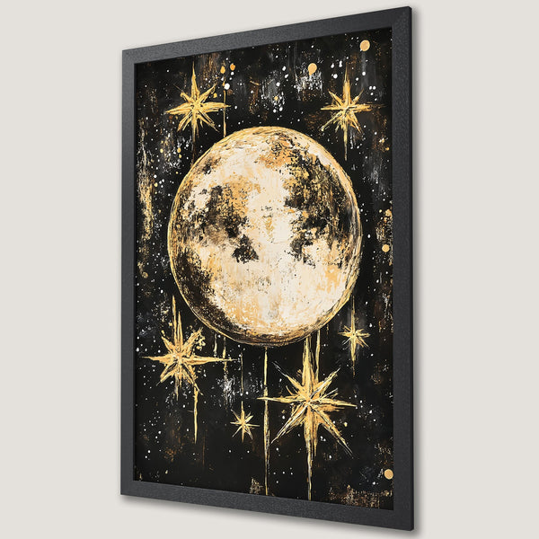 Framed Poster featuring a celestial design with a moon and stars in gold and black, perfect for modern decor.