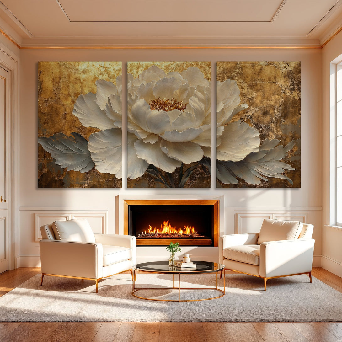 Elegant Canvas Print of a white peony flower with gold accents. Modern floral art in a luxurious interior. Neutral color palette.