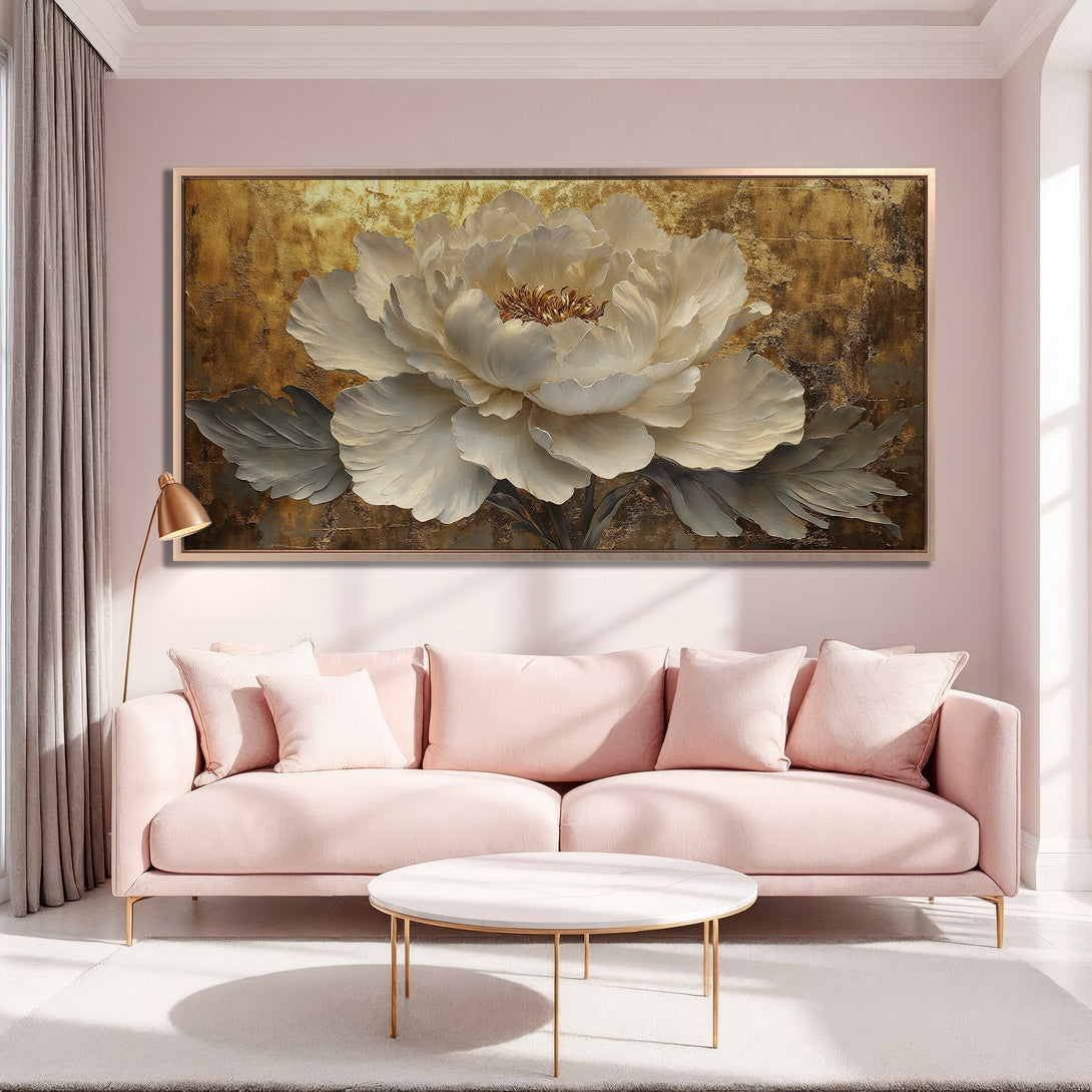 Framed Wall Art: Elegant floral canvas print in gold, white, and blush tones. Perfect for adding a touch of luxury and style to your living room.