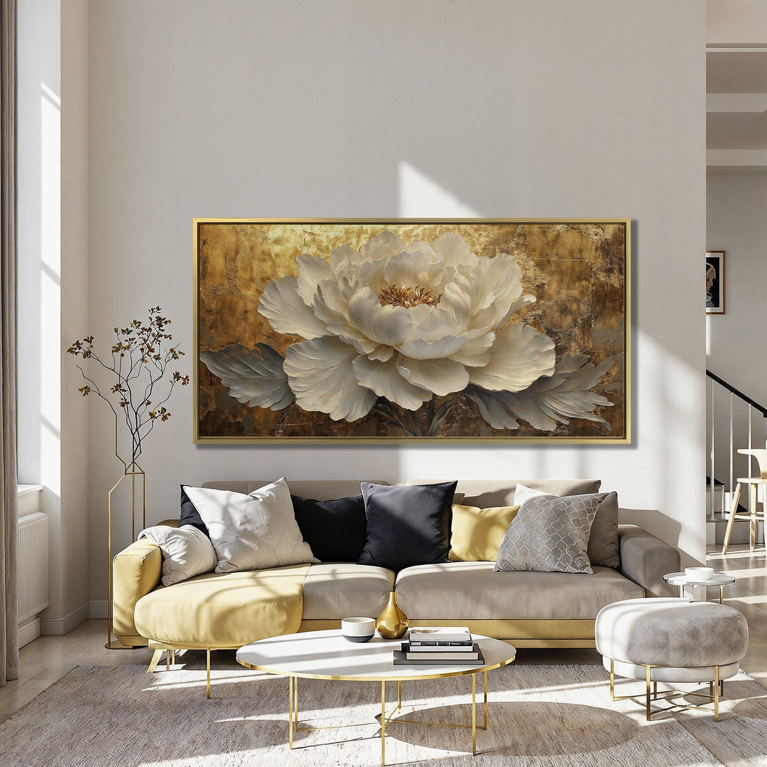 Canvas Print: Stunning floral art in gold and cream tones. Modern style, perfect for adding elegance to any room. Shop now!