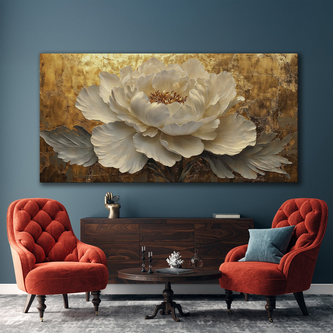 Framed Wall Art featuring a large white peony against a gold textured background. Elegant, modern style with a neutral and gold color palette. Perfect for any room!