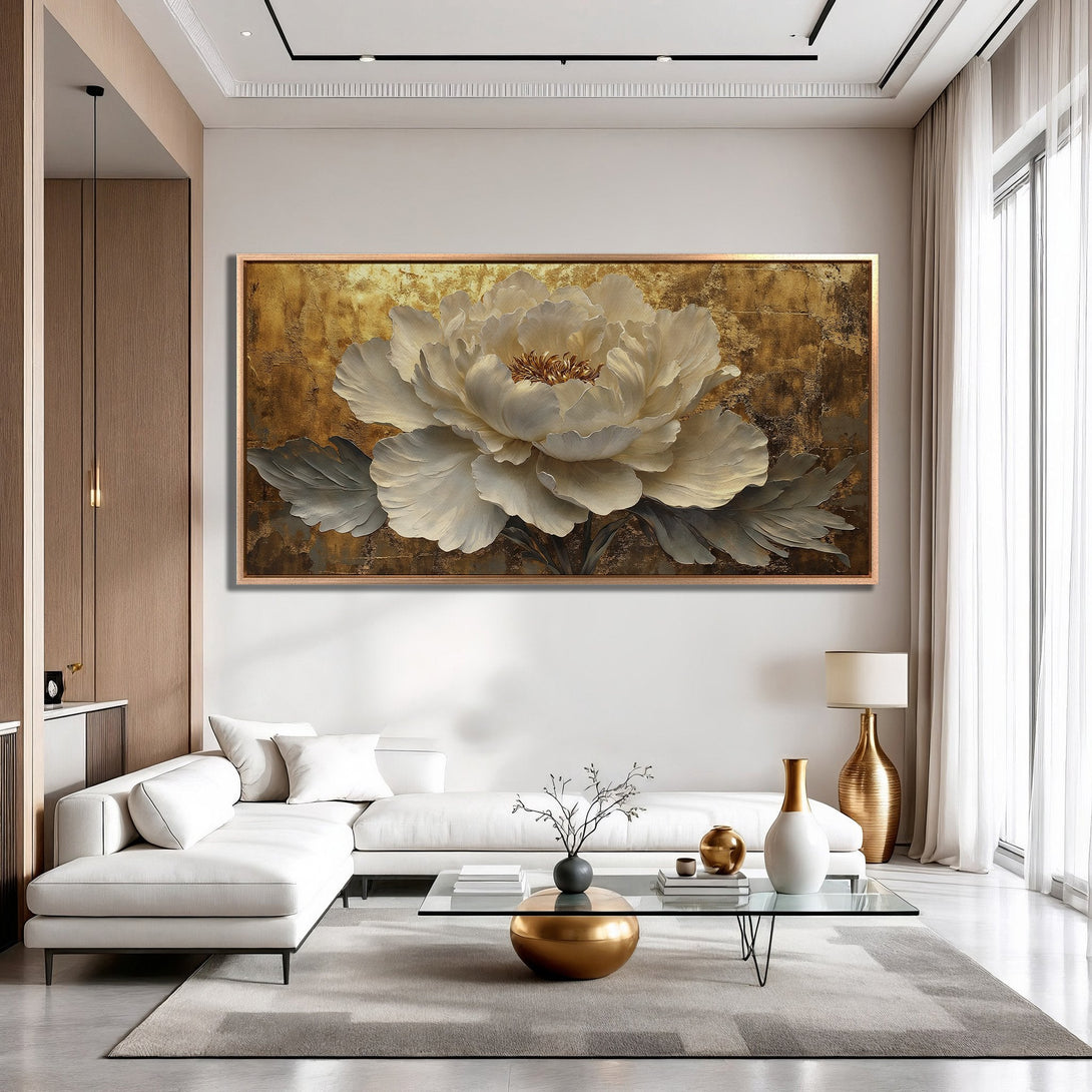 Framed Wall Art featuring a stunning white peony on a gold textured background. Modern, elegant decor with a neutral, warm color palette.