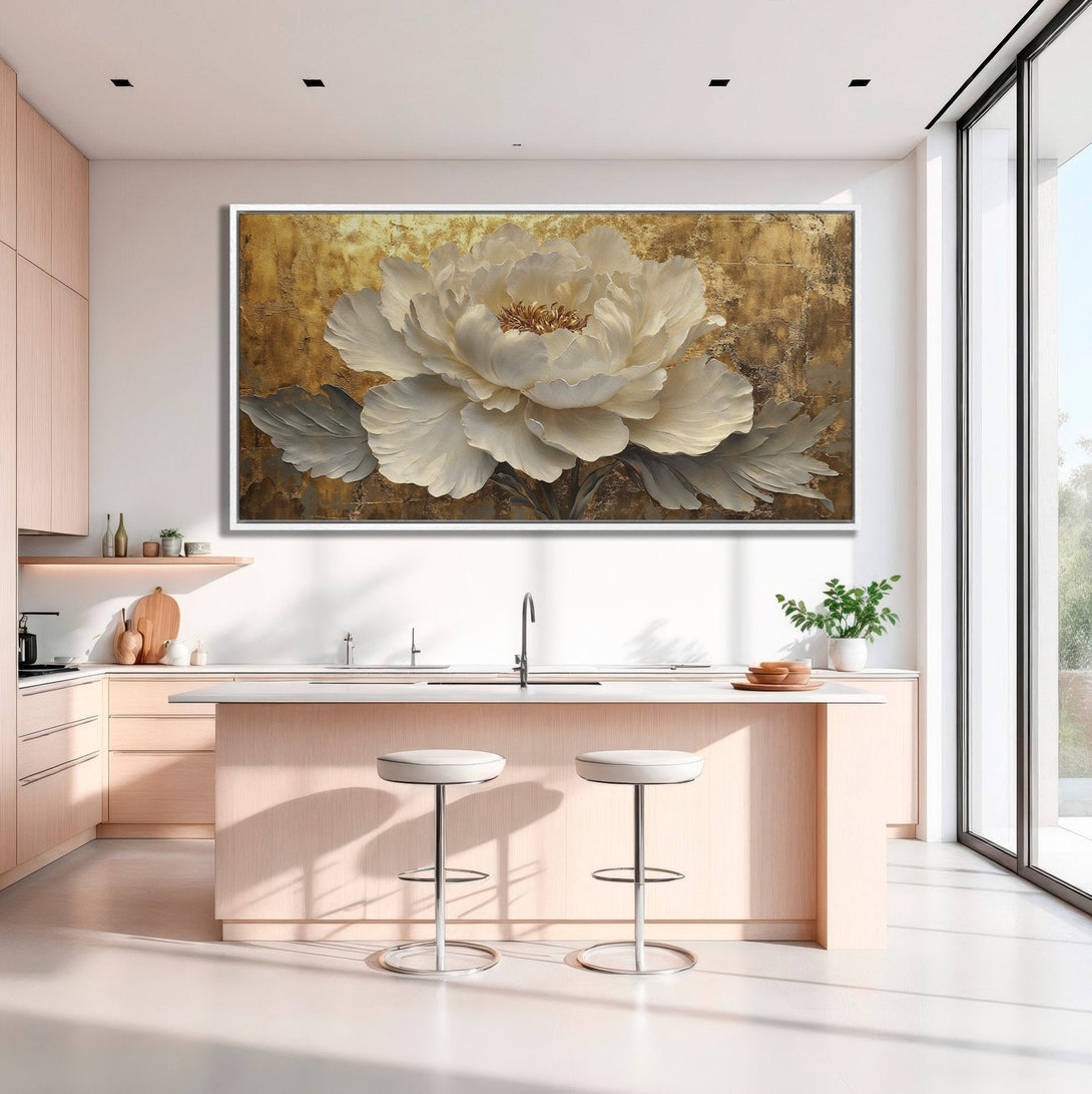Framed Wall Art featuring a stunning white peony on a gold textured background. Elegant floral art in a neutral, sophisticated color palette.