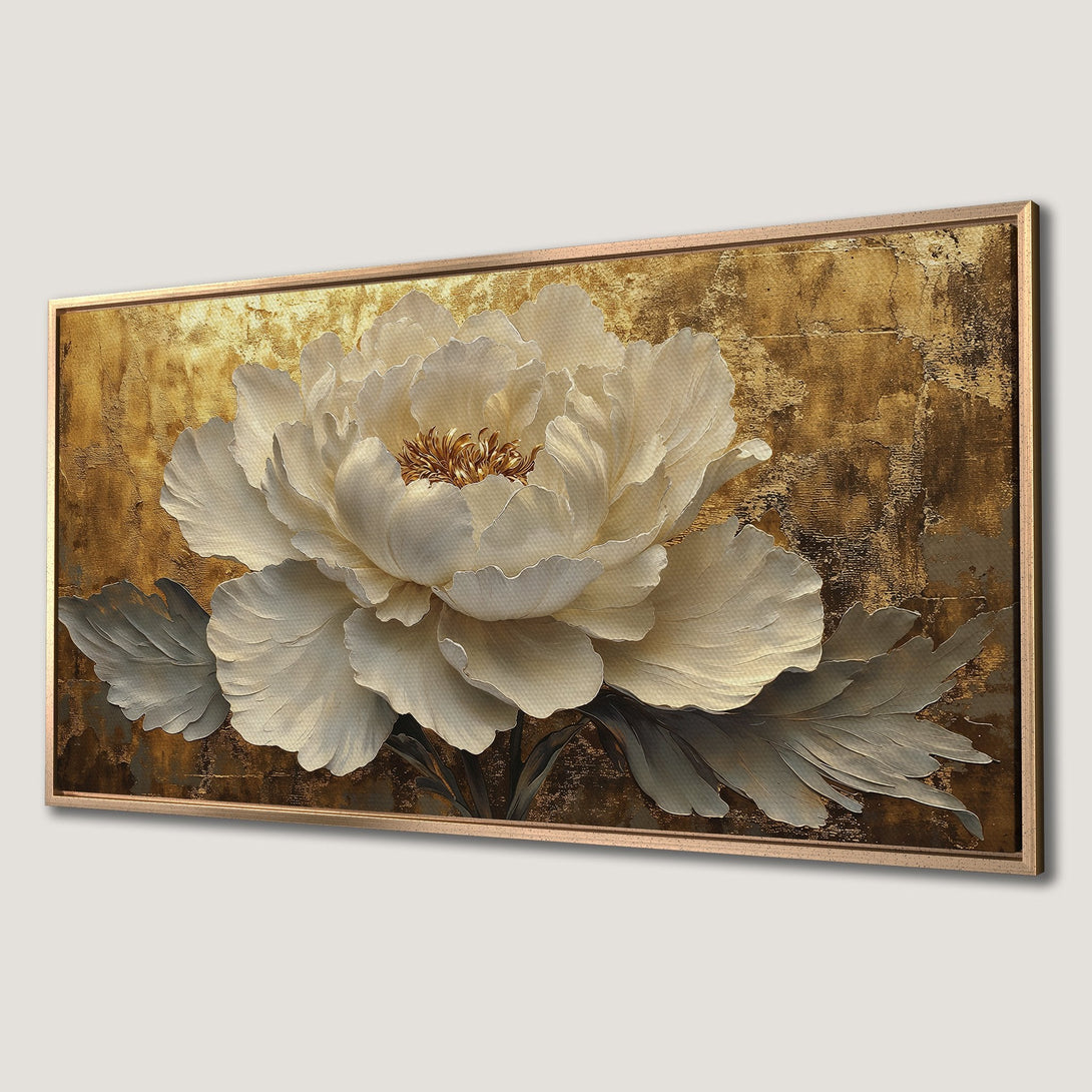 Framed Wall Art: Stunning white peony Canvas Print with gold and neutral tones. Elegant floral art perfect for any home decor style.