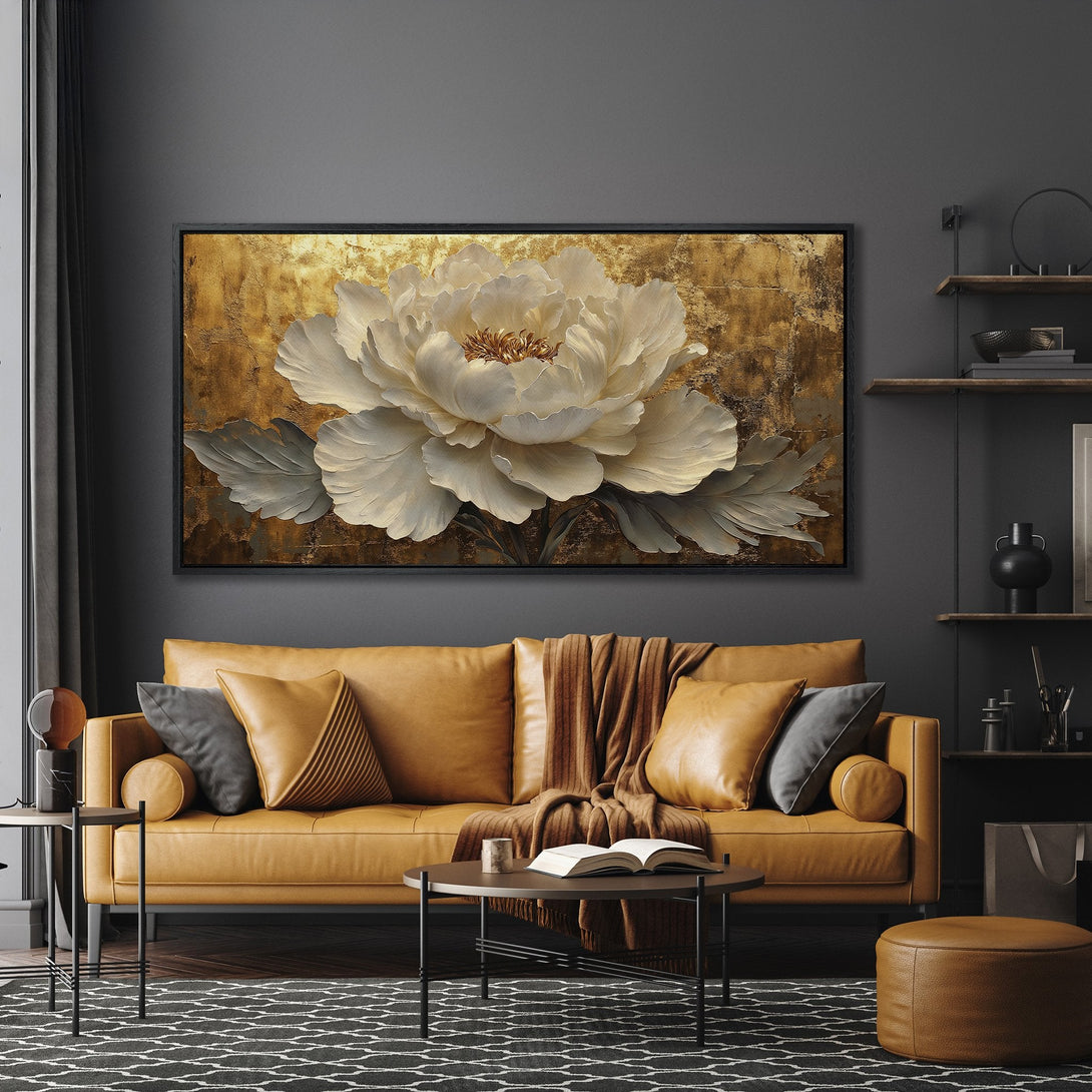 Framed Wall Art featuring a large, elegant white flower on a gold textured background. Modern style with a warm, neutral color palette. Perfect for home decor.