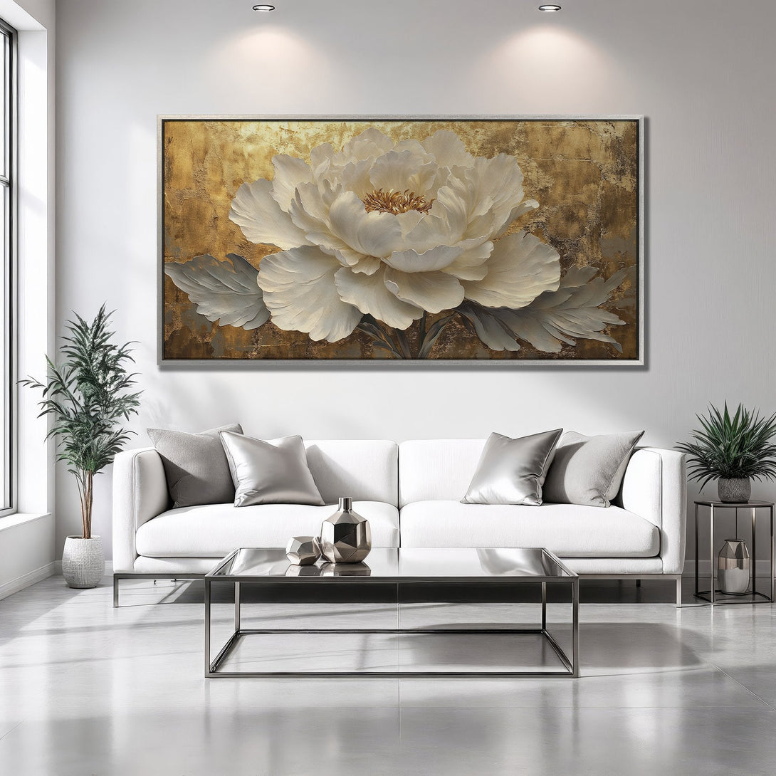 Framed Wall Art: Elegant floral painting in neutral tones. Modern style with gold, white, and gray color palette. Perfect for living room decor.