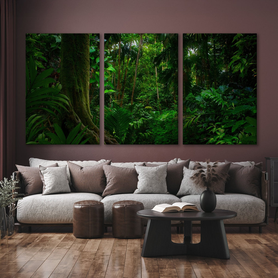 Canvas Print of lush green jungle scene, perfect for bringing nature's beauty indoors. Features vibrant green hues, adding a touch of serenity to any space.