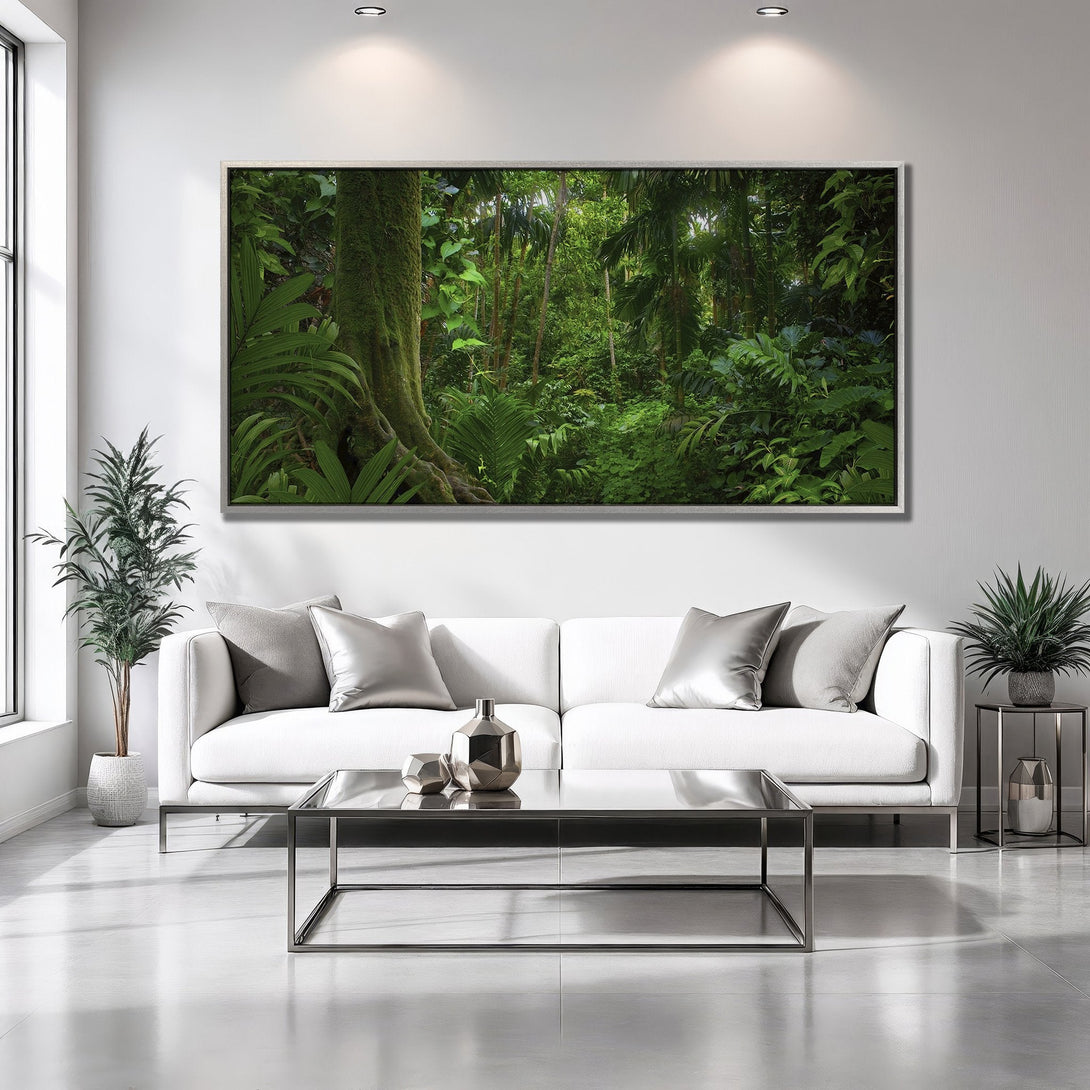 Framed Wall Art: Lush green rainforest scene. Modern interior decor with a vibrant nature-inspired Canvas Print. Bring the outdoors in!