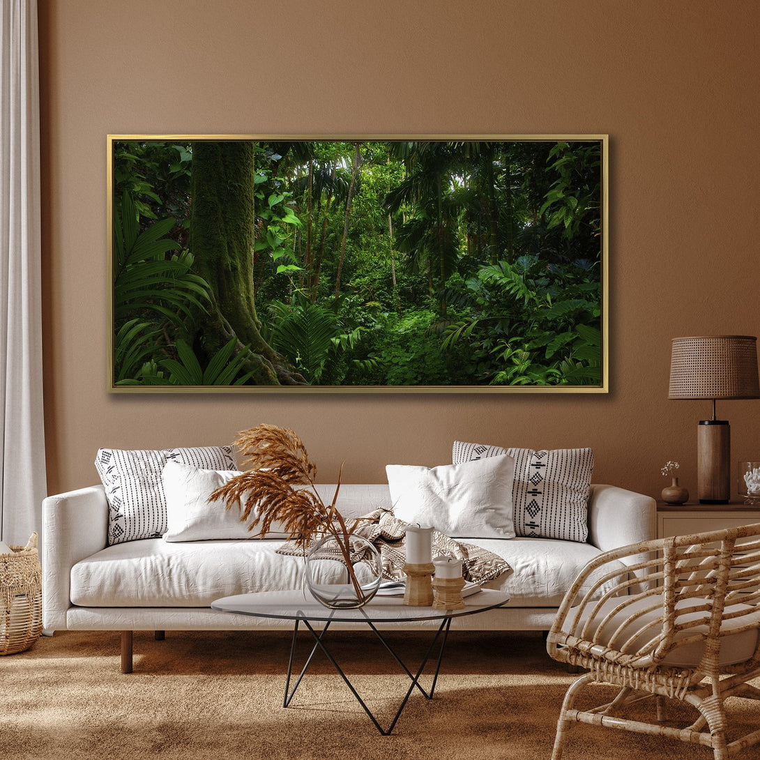 Canvas Print of a lush green jungle scene. Bring the outdoors in with this vibrant, nature-inspired wall art. Perfect for adding a touch of serenity.