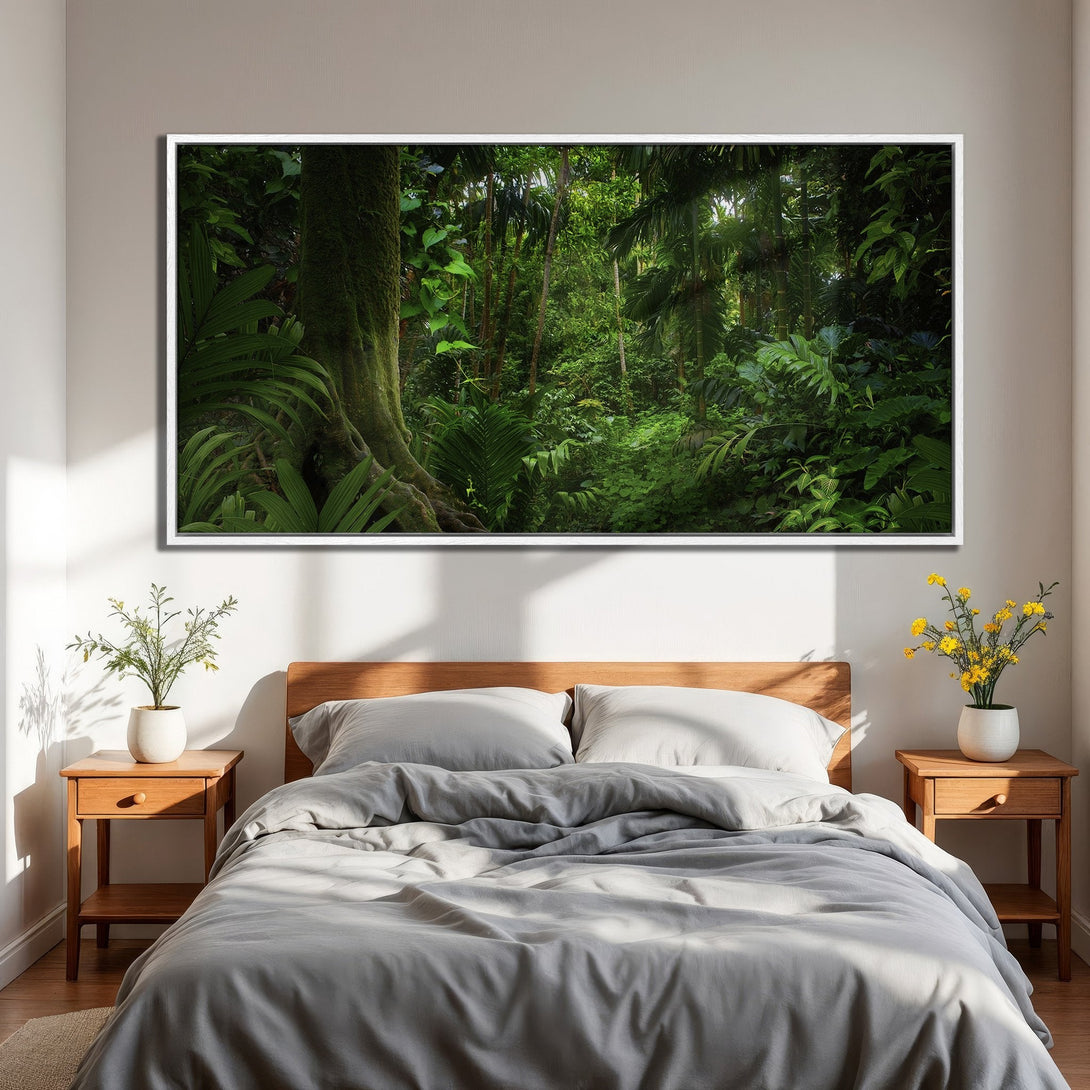 Framed Wall Art: Lush green jungle scene canvas print. Bring the outdoors in with this vibrant nature-inspired artwork, perfect for any bedroom decor.