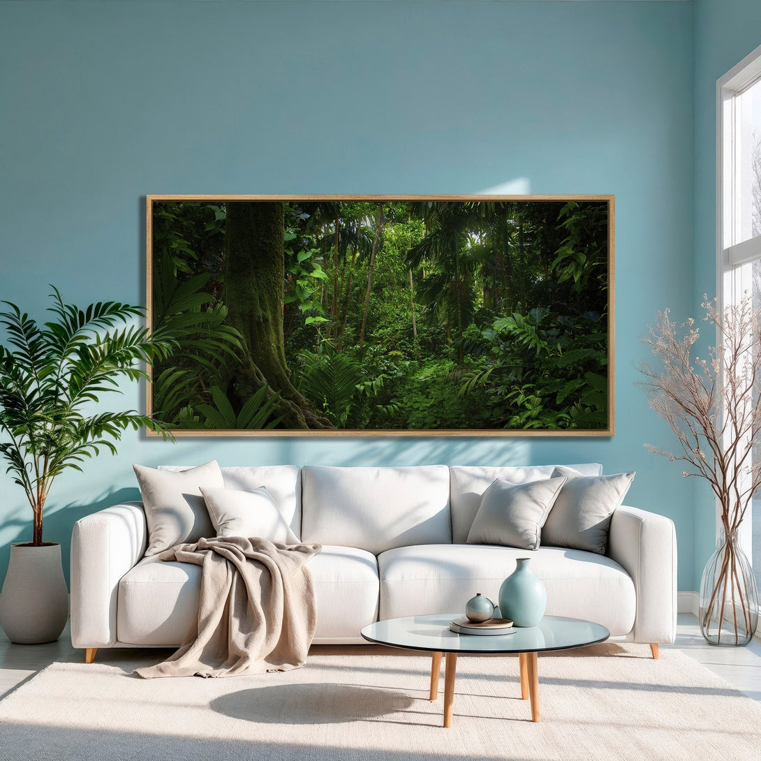 Framed Wall Art featuring a lush green jungle scene. Adds a touch of nature with a vibrant, natural color palette to any living room.