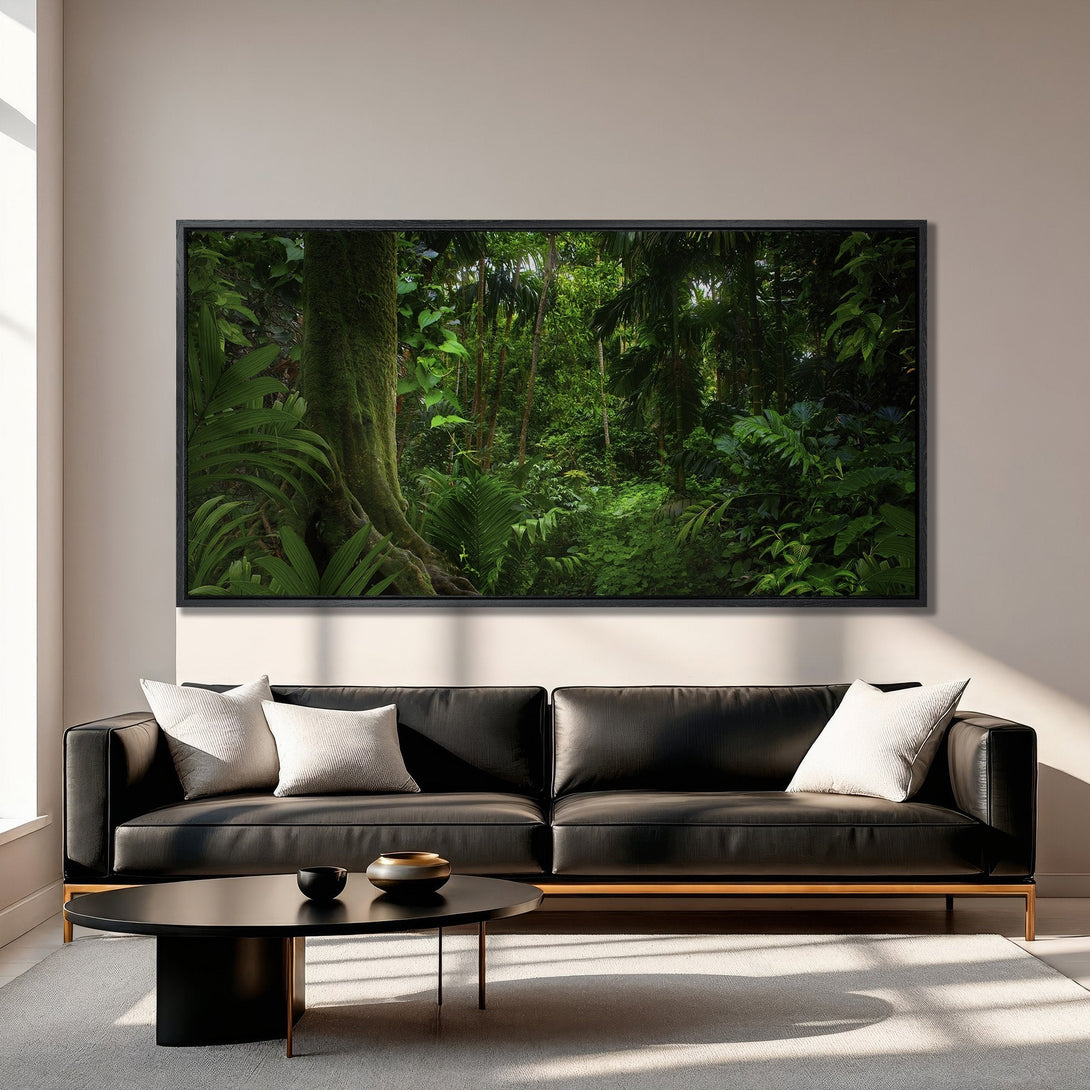 Framed Wall Art: Lush green jungle scene canvas print. Bring the outdoors in! Modern style with a vibrant, natural color palette. Perfect for living room decor.