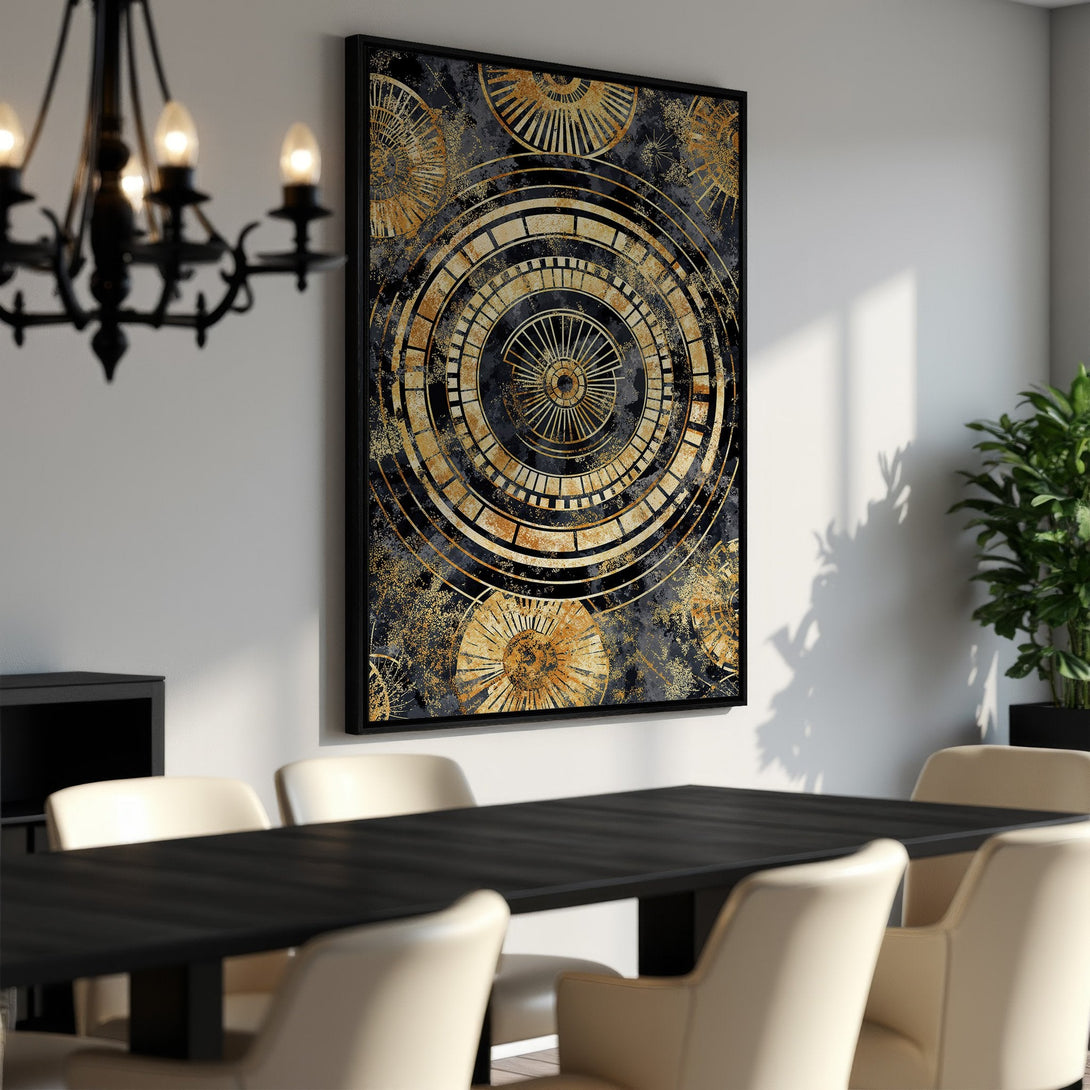 Framed Wall Art featuring an abstract geometric design in gold and black, adding a touch of modern elegance to any dining room.
