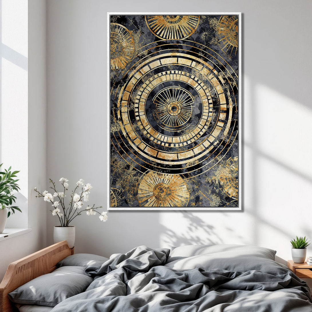 Framed Wall Art: Abstract gold and black design canvas print. Modern art for bedroom decor. Featuring a geometric pattern with a dark color palette.