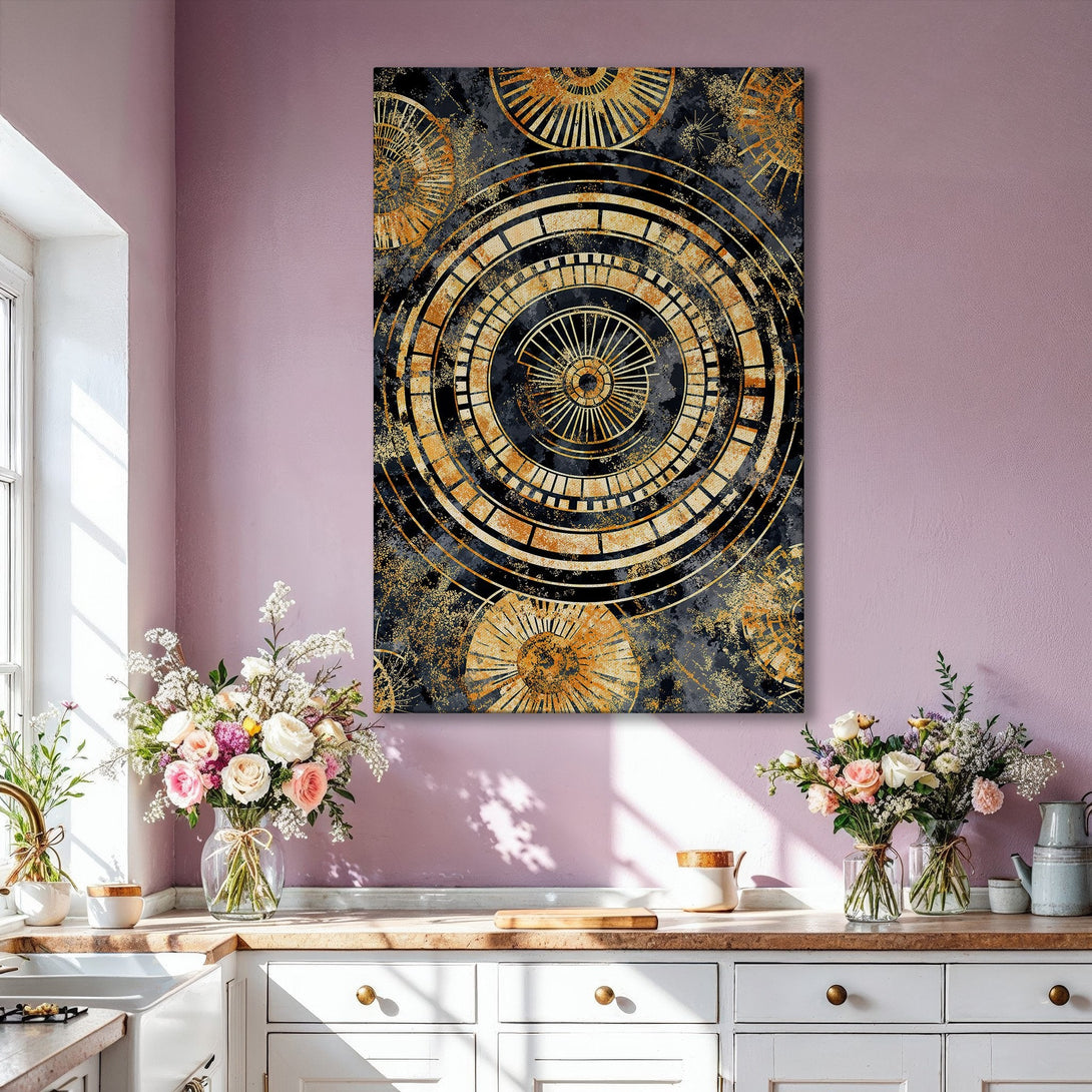 Framed Wall Art: Abstract geometric design in gold and black, displayed in a modern living room. Enhance your space with this stylish canvas print!