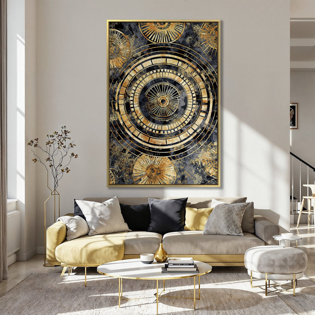 Canvas Print of an abstract gold and black design, displayed in a kitchen. Modern style, warm color palette. Perfect wall decor!