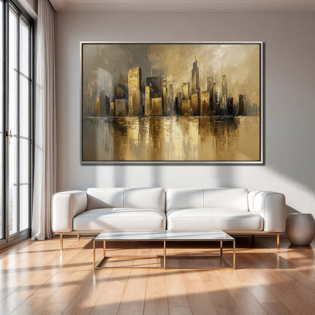 Framed Wall Art: Abstract cityscape Canvas Print in gold and gray tones, perfect for modern interior decor.