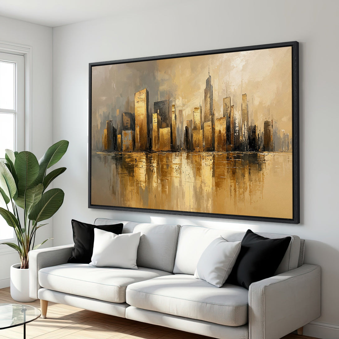 Framed Wall Art of a golden cityscape. Modern abstract painting in warm gold and gray tones. Perfect for living room decor.