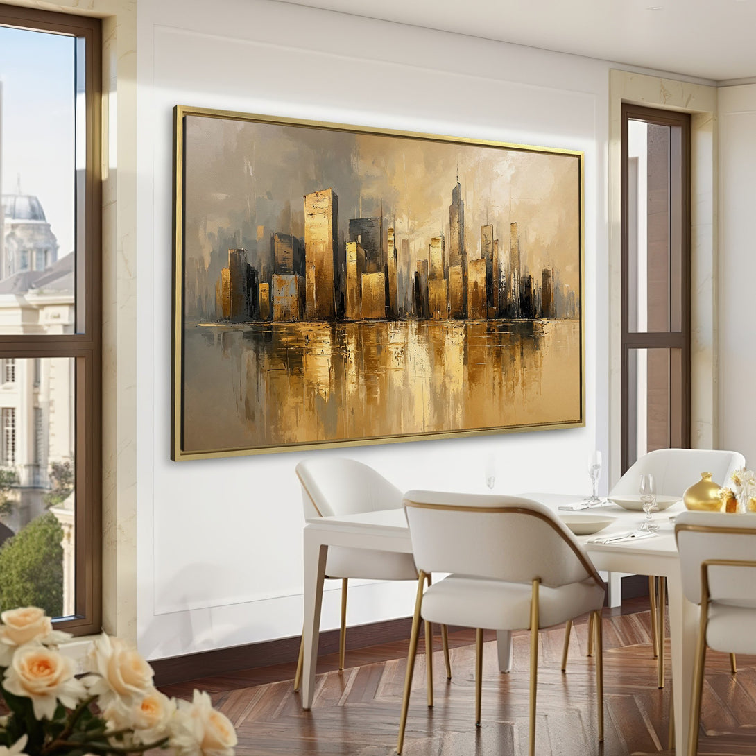 Canvas Print of a cityscape painting in gold and neutral tones, displayed in an elegant interior with a desk and chair.