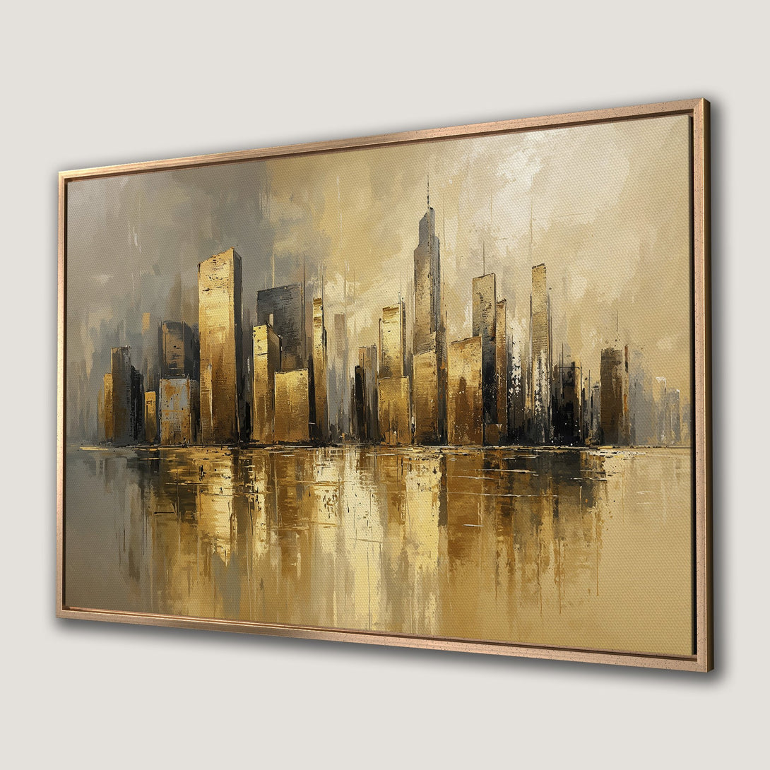 Framed Wall Art: Abstract cityscape painting in gold and gray tones. Modern art canvas print for a sophisticated home decor.