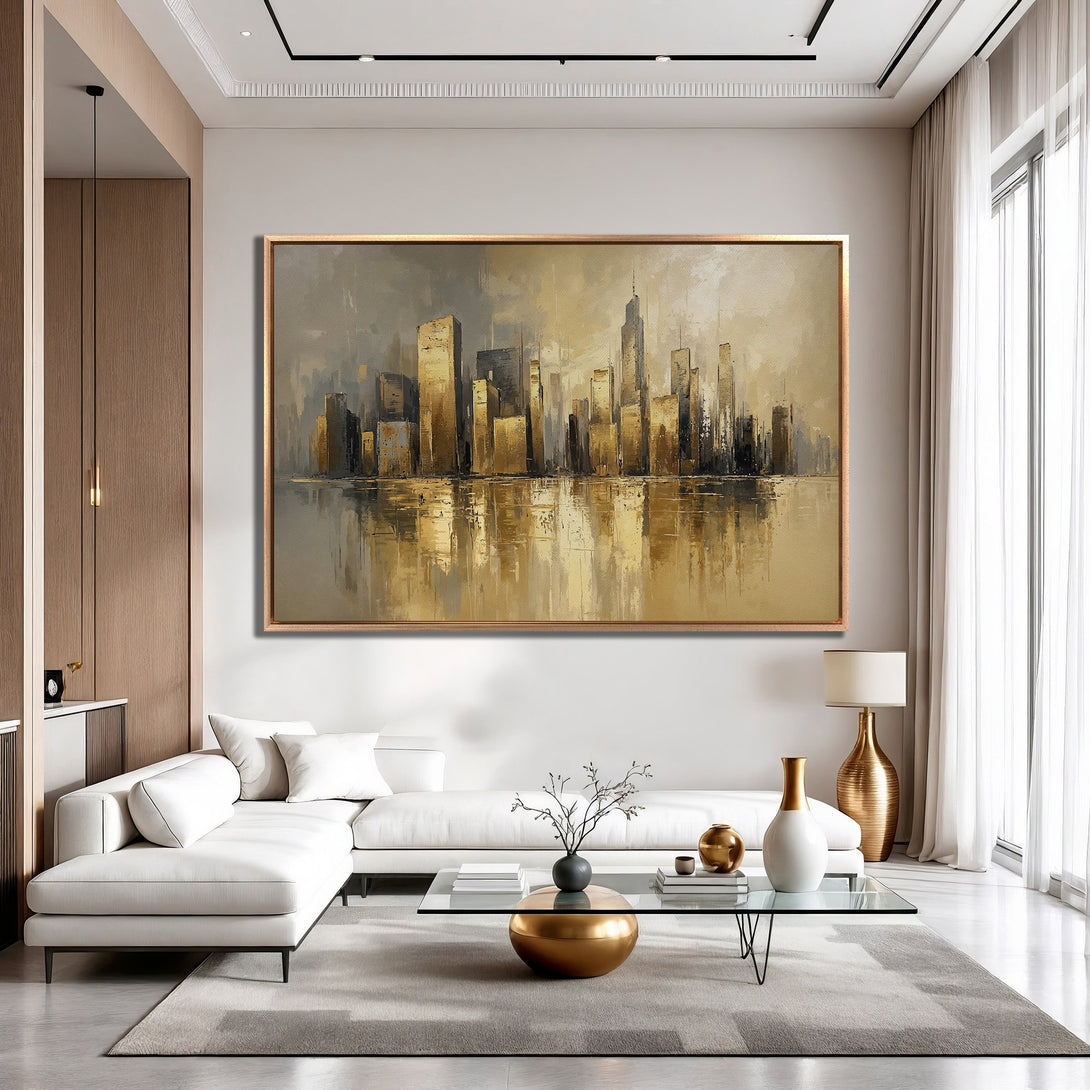 Framed Wall Art: Abstract cityscape Canvas Print in gold and gray tones. Modern art for living room decor. Elevate your space with this stunning piece.