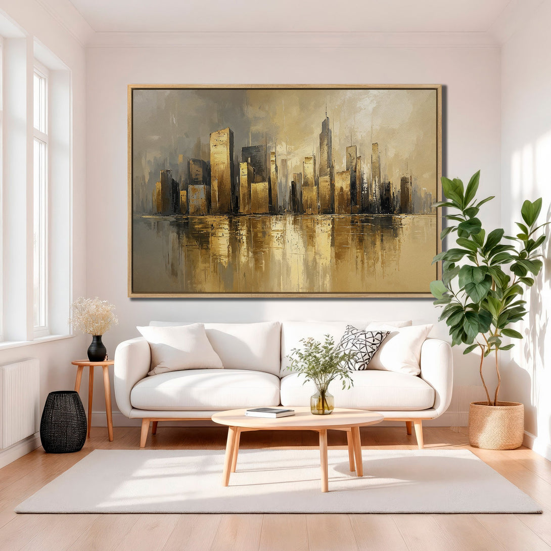 Framed Wall Art: Abstract cityscape Canvas Print in gold and gray tones. Modern art for living room decor.