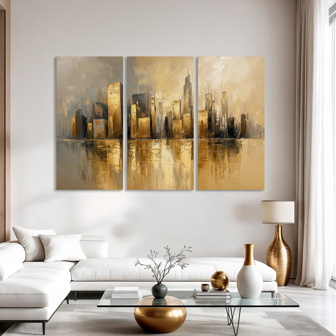 Canvas Print of an abstract cityscape in gold and gray tones, modern art style, perfect for living room decor.