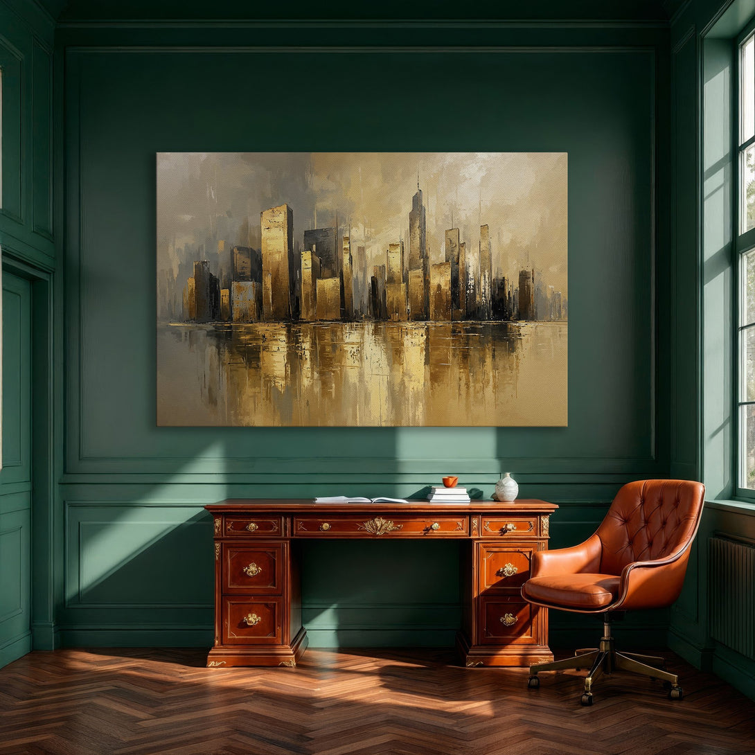 Framed Wall Art: Abstract cityscape painting in gold and gray tones. Modern art print perfect for dining room decor. Elevate your space with this artwork.