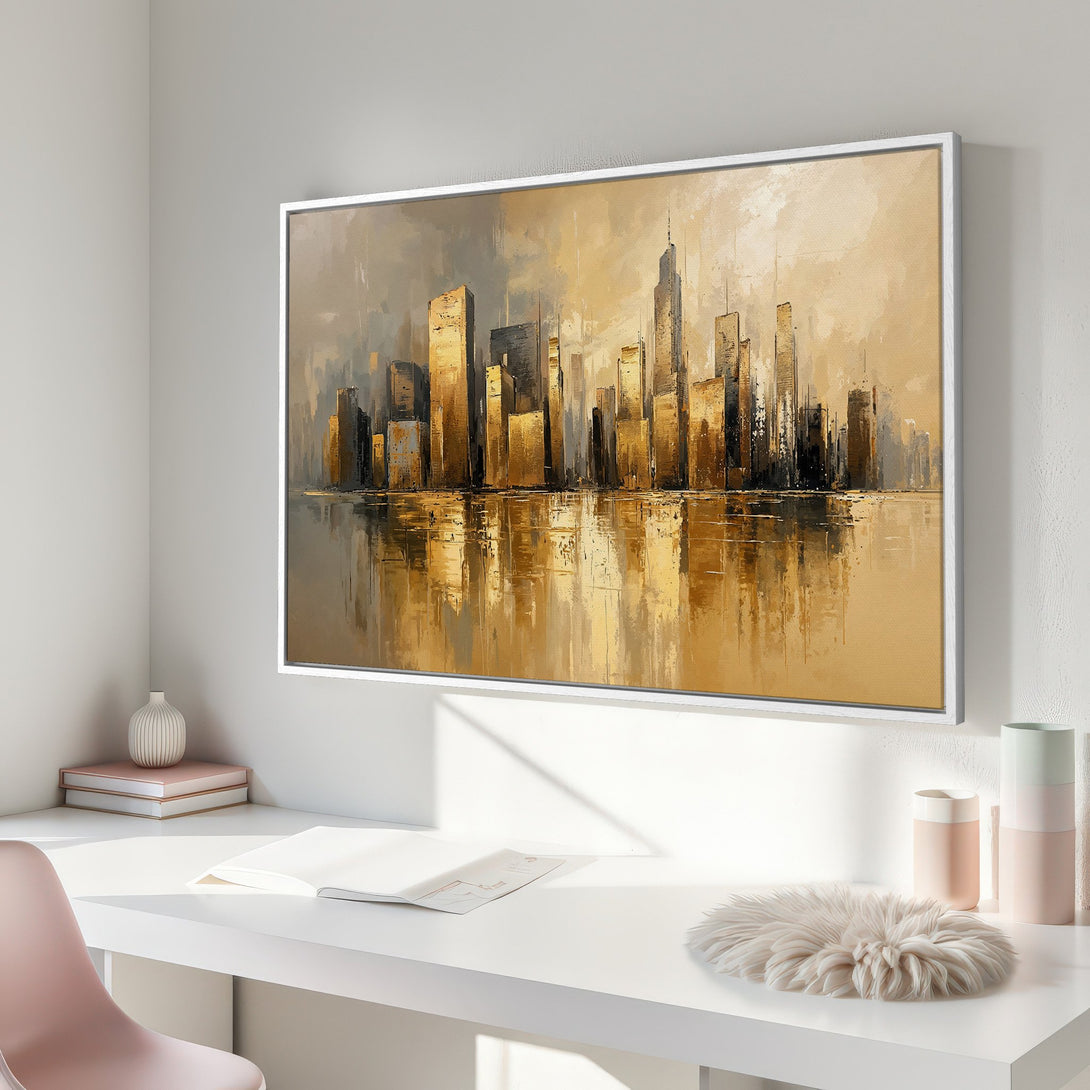 Framed Wall Art: Abstract cityscape Canvas Print in gold and gray tones. Modern art for home decor. Elevate your space with this stunning piece.