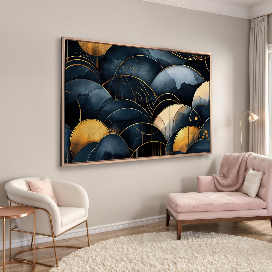Framed Wall Art: Abstract navy and gold art print. Modern style with a luxurious color palette. Perfect for living room or bedroom decor.