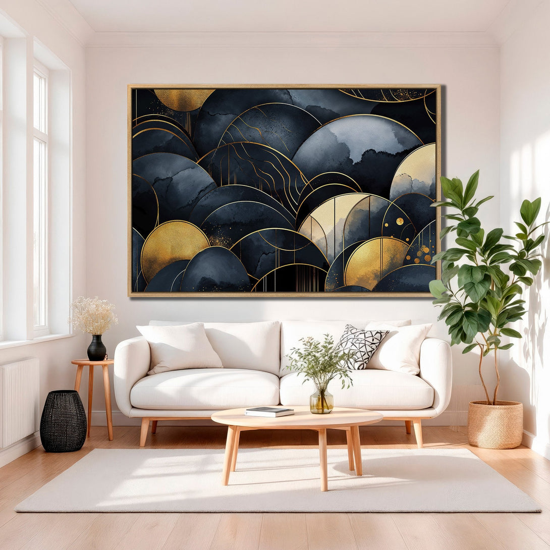Framed Wall Art featuring abstract navy and gold design. Modern Canvas Print with a luxurious aesthetic, perfect for any interior space.