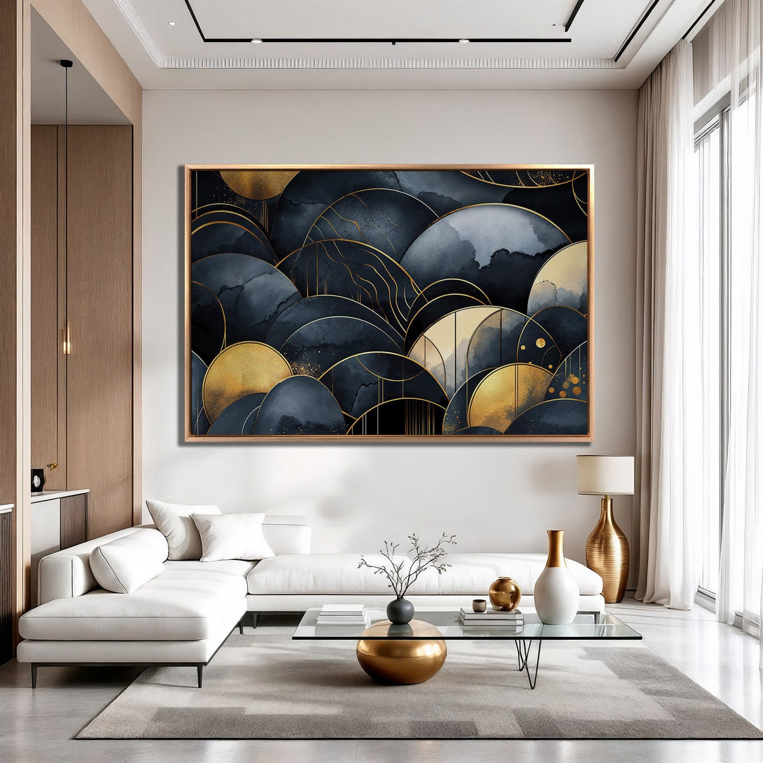Framed Wall Art: Abstract navy and gold canvas print in a modern living room. Stylish art with a luxurious color palette.
