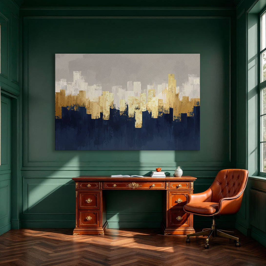 Framed Wall Art: Abstract cityscape painting in gold, navy, and gray. Modern art canvas print adds elegance to dining room decor.
