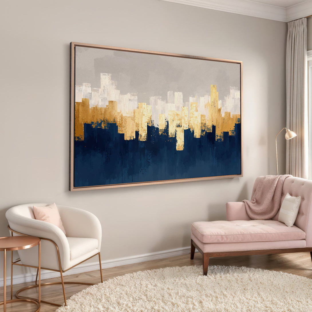 Framed Wall Art: Abstract city skyline canvas print in gold, navy, and gray. Modern art for living room decor.