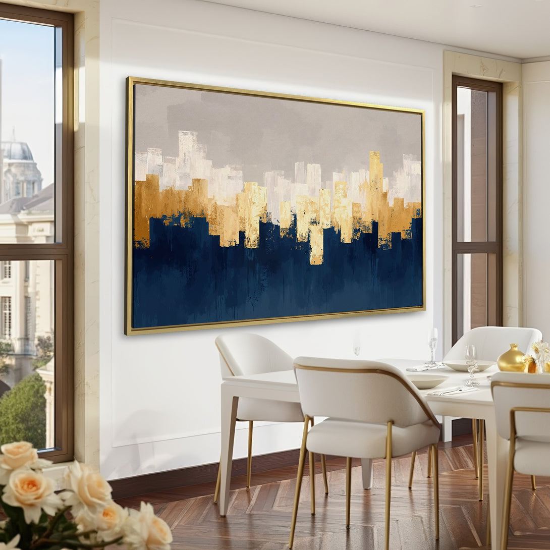 Abstract skyline Canvas Print in gold, navy, and gray. Modern art for home or office. Enhance your space with this stylish wall decor.