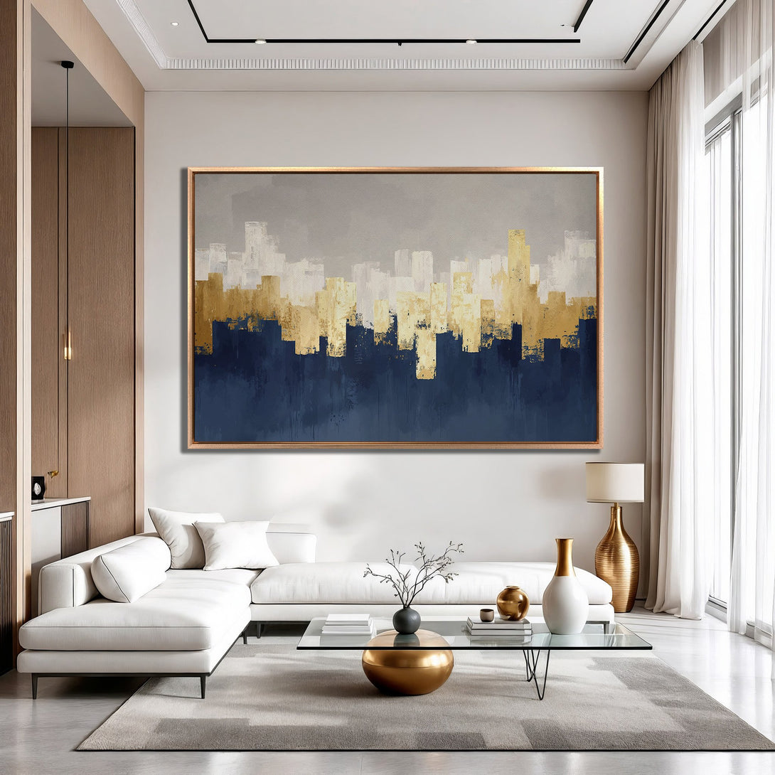 Framed Wall Art: Abstract cityscape painting in blue, gold, and gray. Modern art for living room decor. Elevate your space with this stunning canvas print.