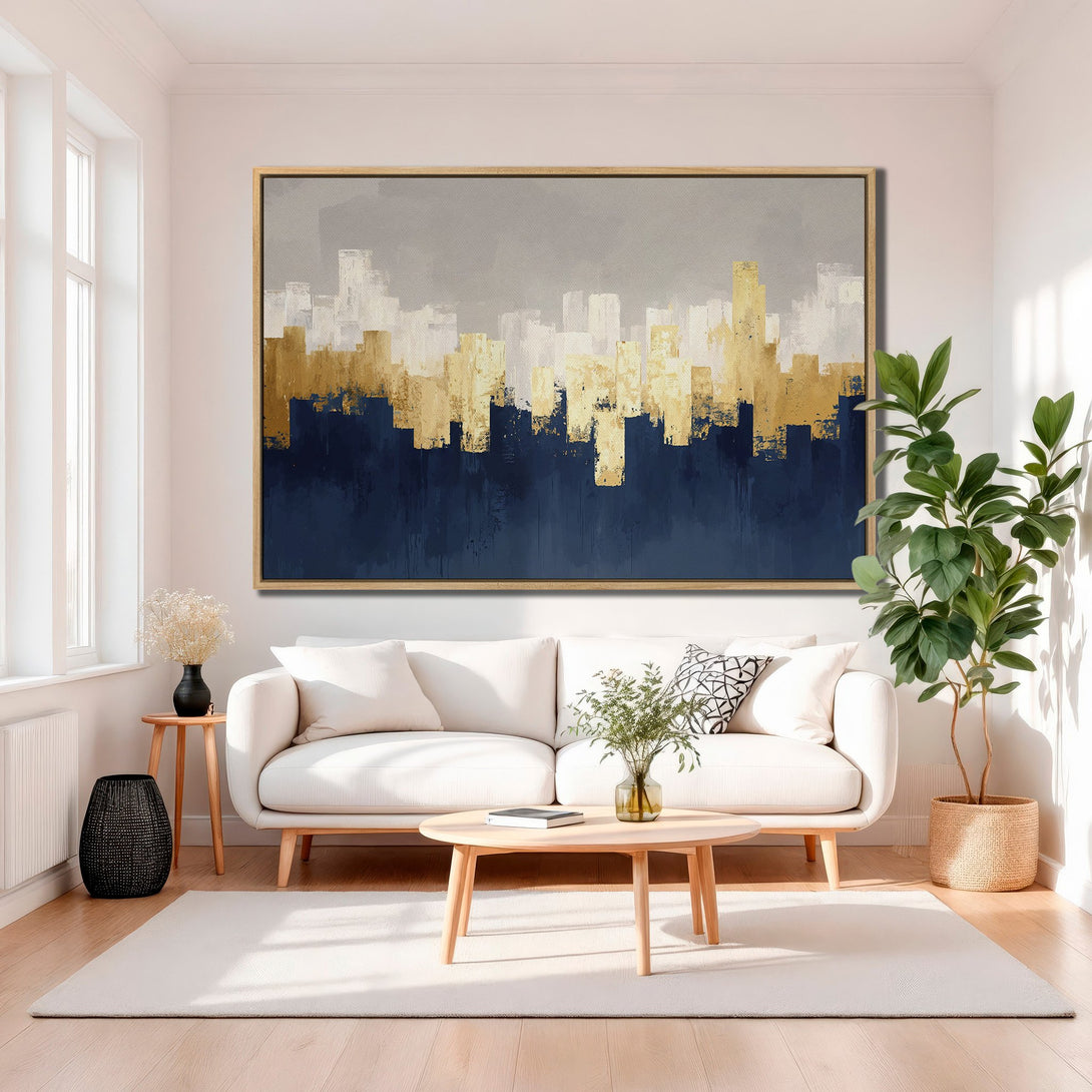 Framed Wall Art featuring an abstract cityscape in gold, blue, and gray. Modern art Canvas Print adds a touch of elegance to any interior.