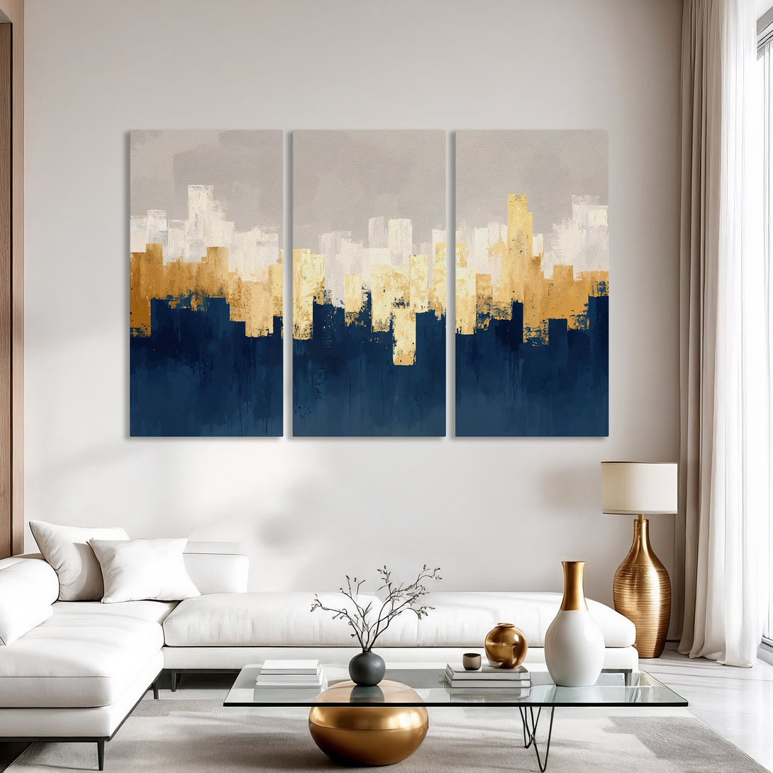 Abstract cityscape Canvas Print in blue, gold, and white. Modern art for living room decor.