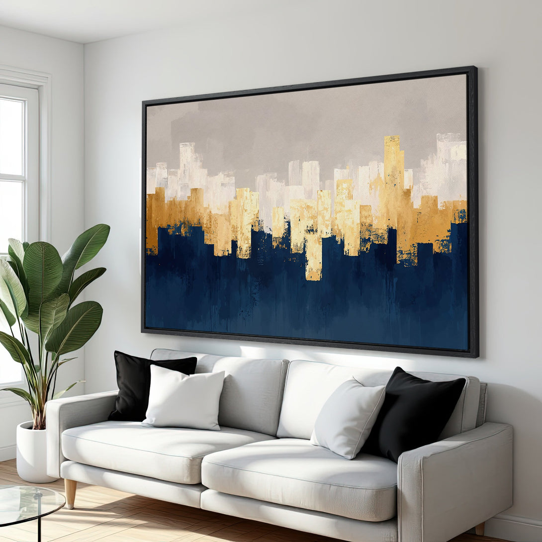 Framed Wall Art featuring an abstract cityscape in gold, navy, and neutral tones. Modern art for your home decor.