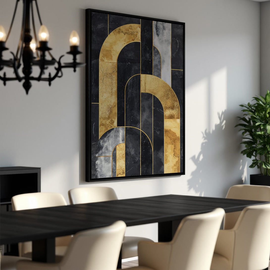 Framed Wall Art: Abstract geometric design in black, gold, and gray. Modern art canvas print adds a touch of elegance to any dining room.