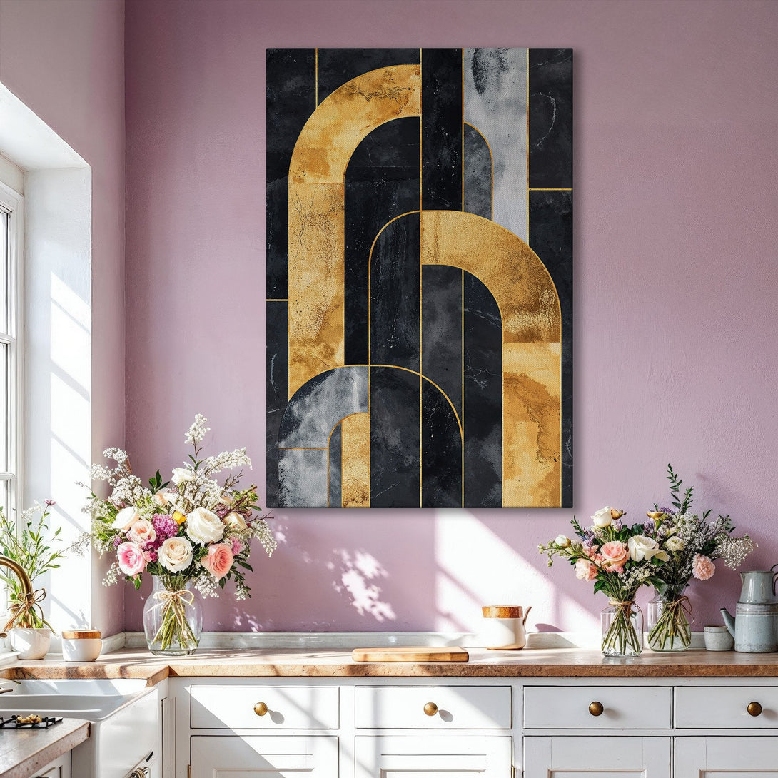 Framed Wall Art: Modern abstract art in gold, black, and gray. Perfect for living room decor. Elevate your space with this stylish canvas print!