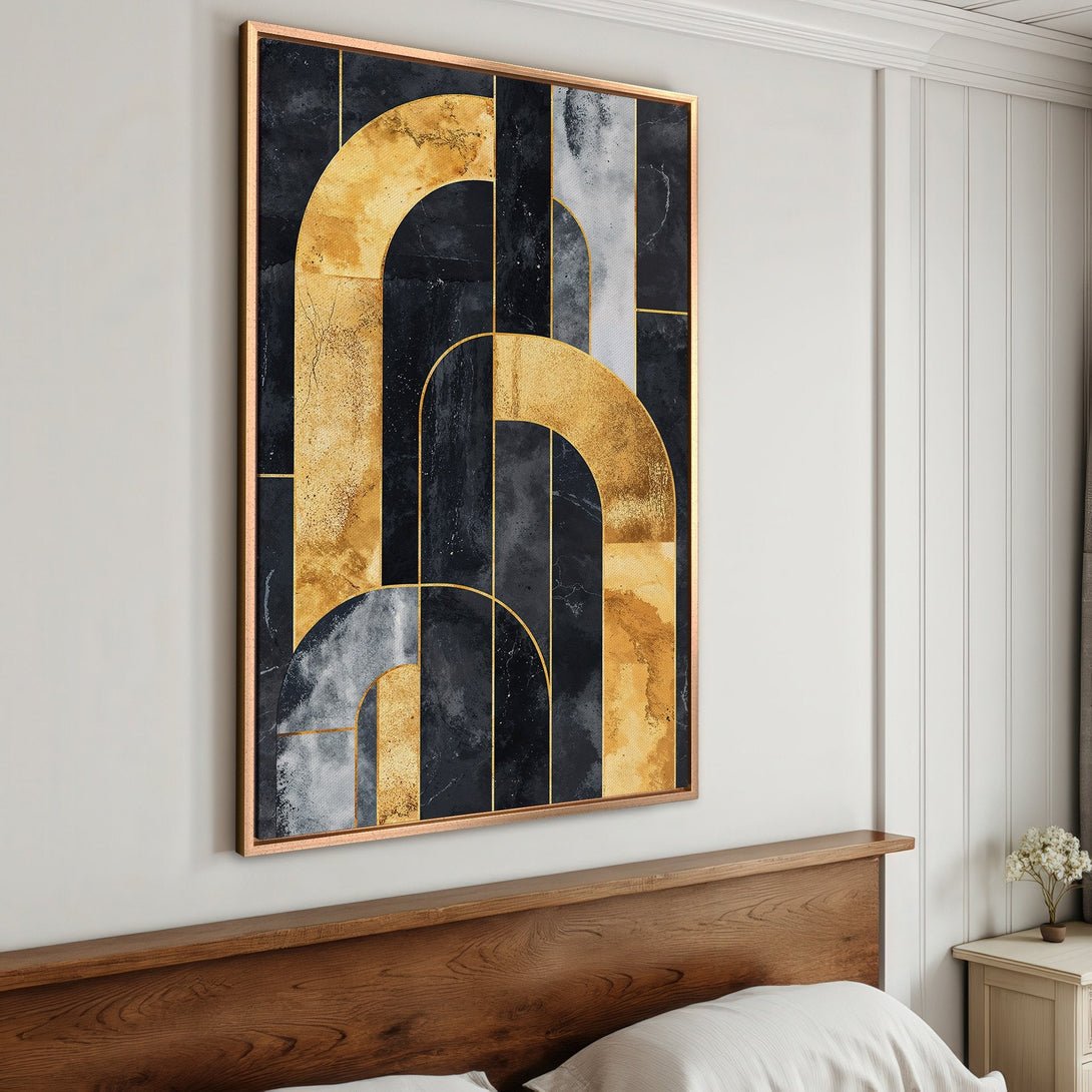 Framed Wall Art: Abstract geometric design in gold, black, and gray. Modern art Canvas Print adds a touch of luxury to any room.