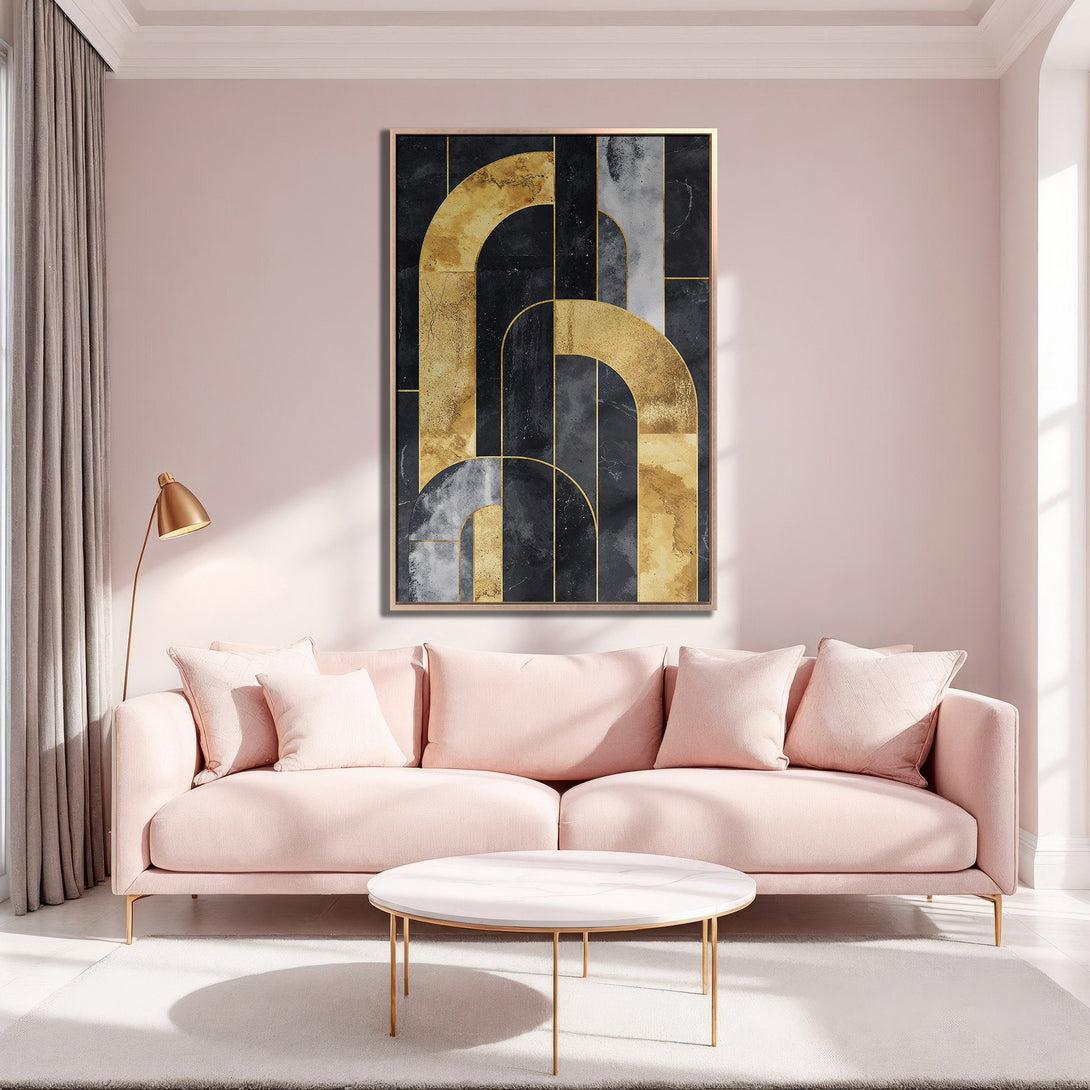 Framed Wall Art: Abstract gold, black, and gray design. Modern canvas print adds a touch of elegance to a blush pink living room. Shop now!