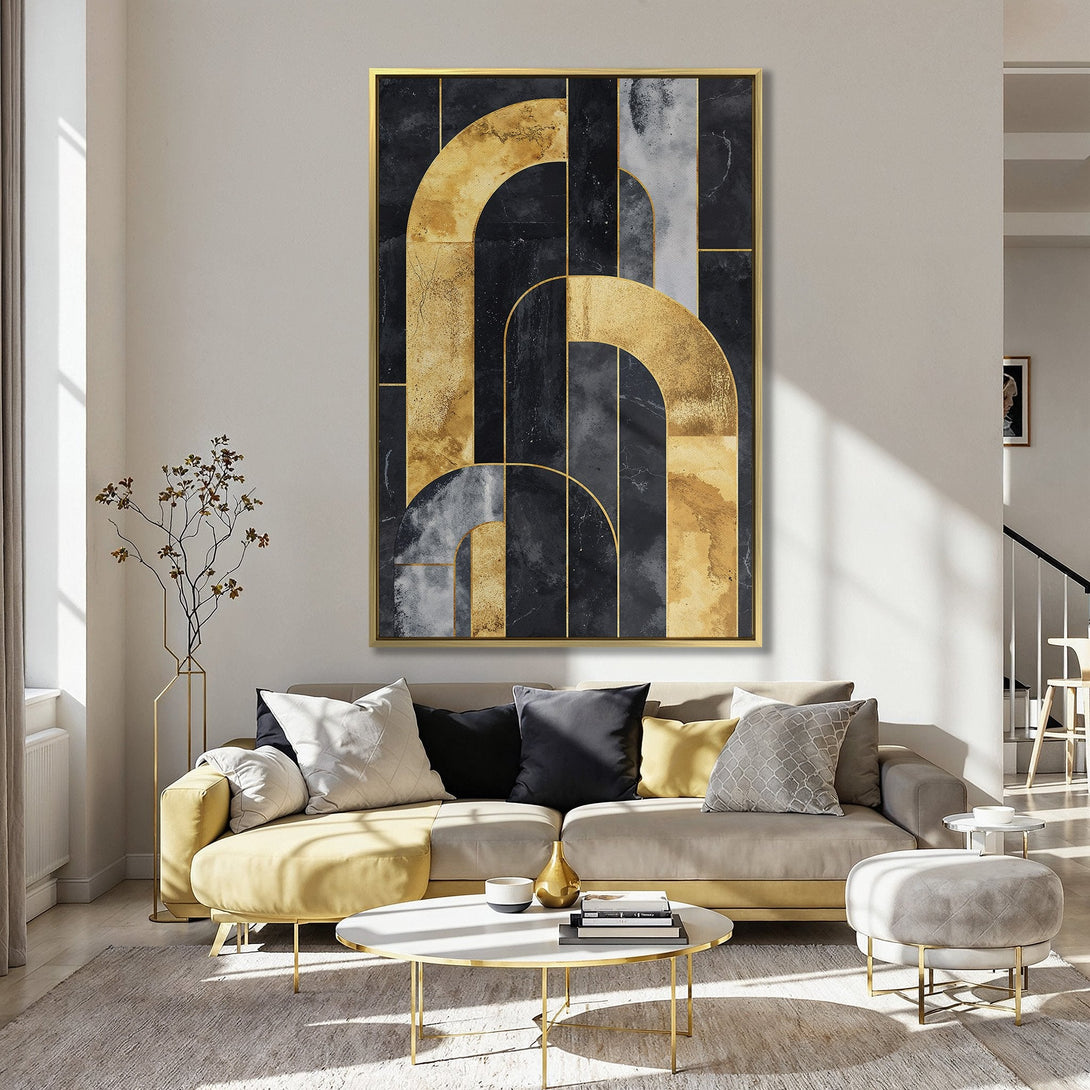 Canvas Print featuring an abstract geometric design in black, gold, and grey tones. Modern art for a stylish home.