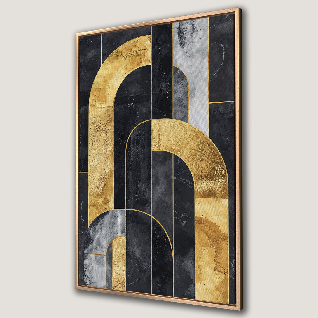 Framed Wall Art: Abstract geometric design in black, gold, and gray. Modern canvas print for stylish home decor. Elevate your space with this elegant artwork.